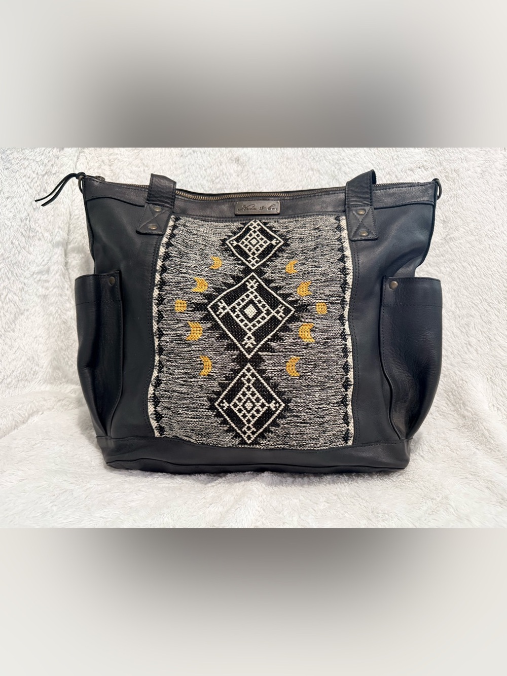 Nena & Co. Black Tote with Gray Woven Panel and Yellow Accents